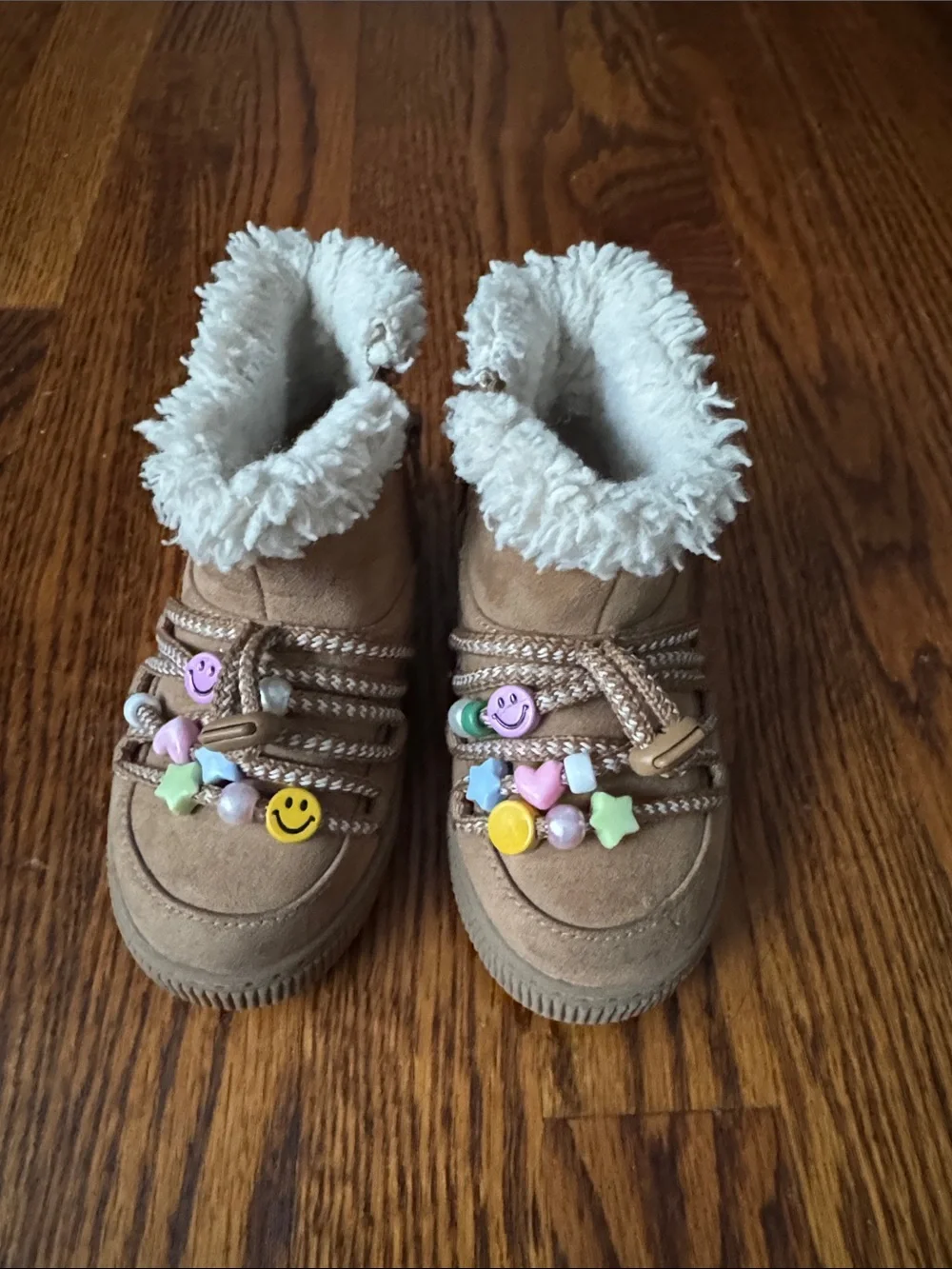 Cat & Jack Tan Faux-Sherpa Kids Boots with Colorful Bead Accents